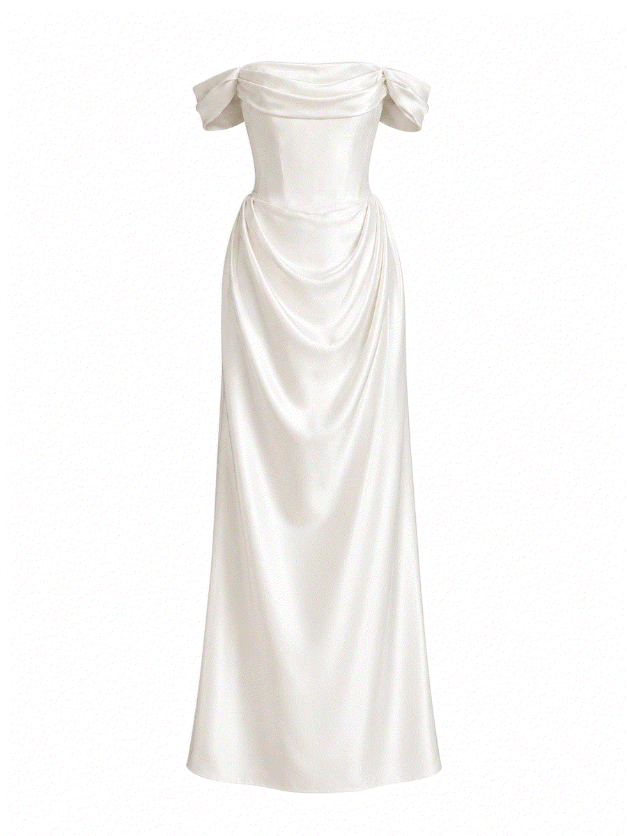 Ivory satin off-shoulder corset wedding guest dress with elegant draped waist and flowing floor-length silhouette