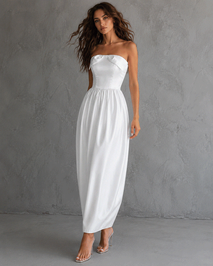 Ivory satin off-shoulder elegant party dress with sculpted bubble hem and fitted waist