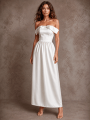Ivory satin off-shoulder elegant party dress with sculpted bubble hem and fitted waist
