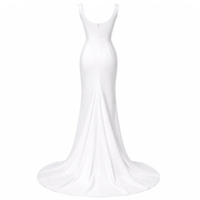 Ivory sculpted mermaid gown with square neckline and high slit for formal occasions
