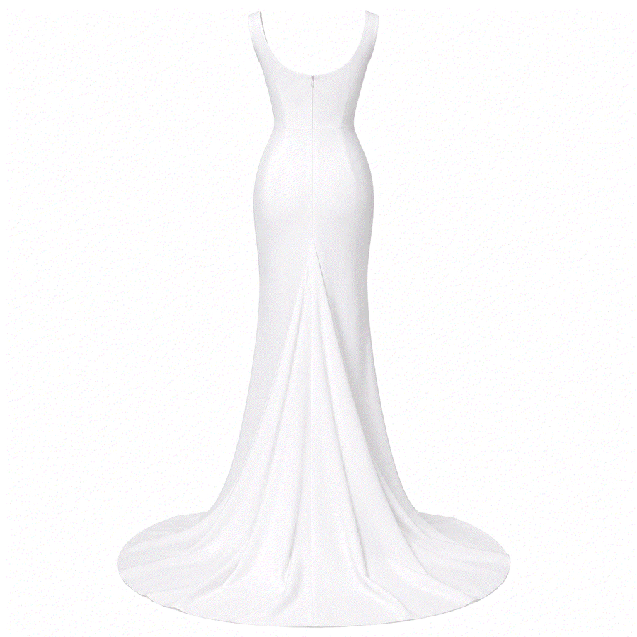 Ivory sculpted mermaid gown with square neckline and high slit for formal occasions