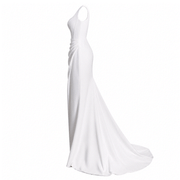 Ivory sculpted mermaid evening gown with square neckline and high slit for formal occasions