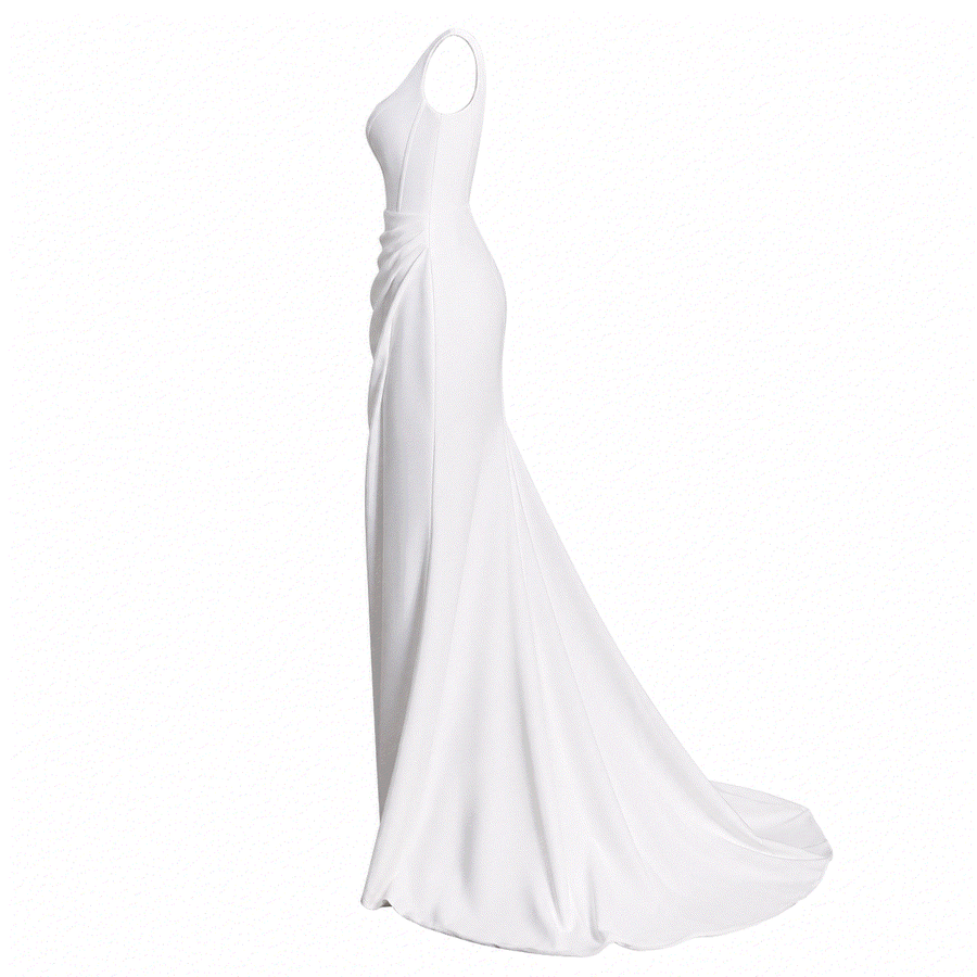 Ivory sculpted mermaid evening gown with square neckline and high slit for formal occasions