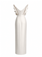 Ivory sculpted satin formal evening gown with draped neckline and fitted waist