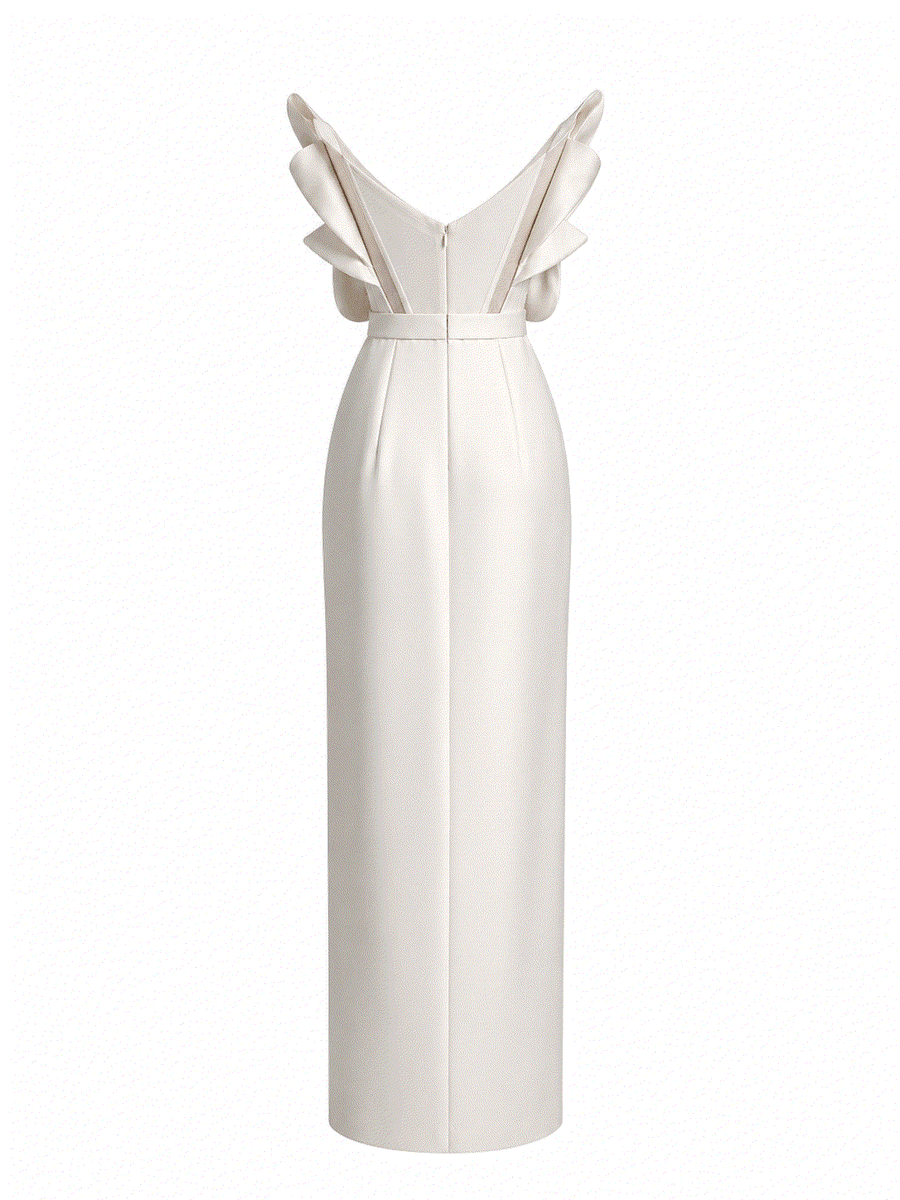 Ivory sculpted satin formal evening gown with draped neckline and fitted waist