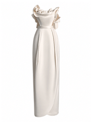 Ivory sculpted satin formal evening gown with draped neckline and fitted waist