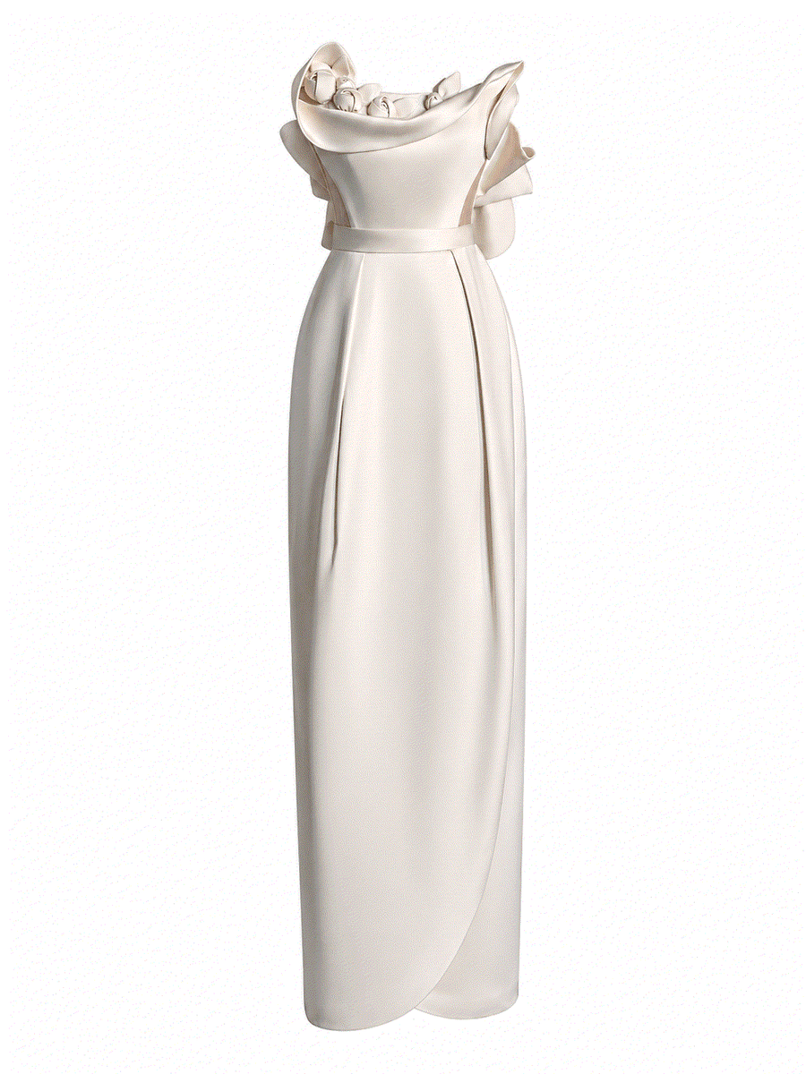 Ivory sculpted satin formal evening gown with draped neckline and fitted waist