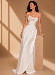 Ivory sculpted satin formal evening gown with draped neckline and fitted waist