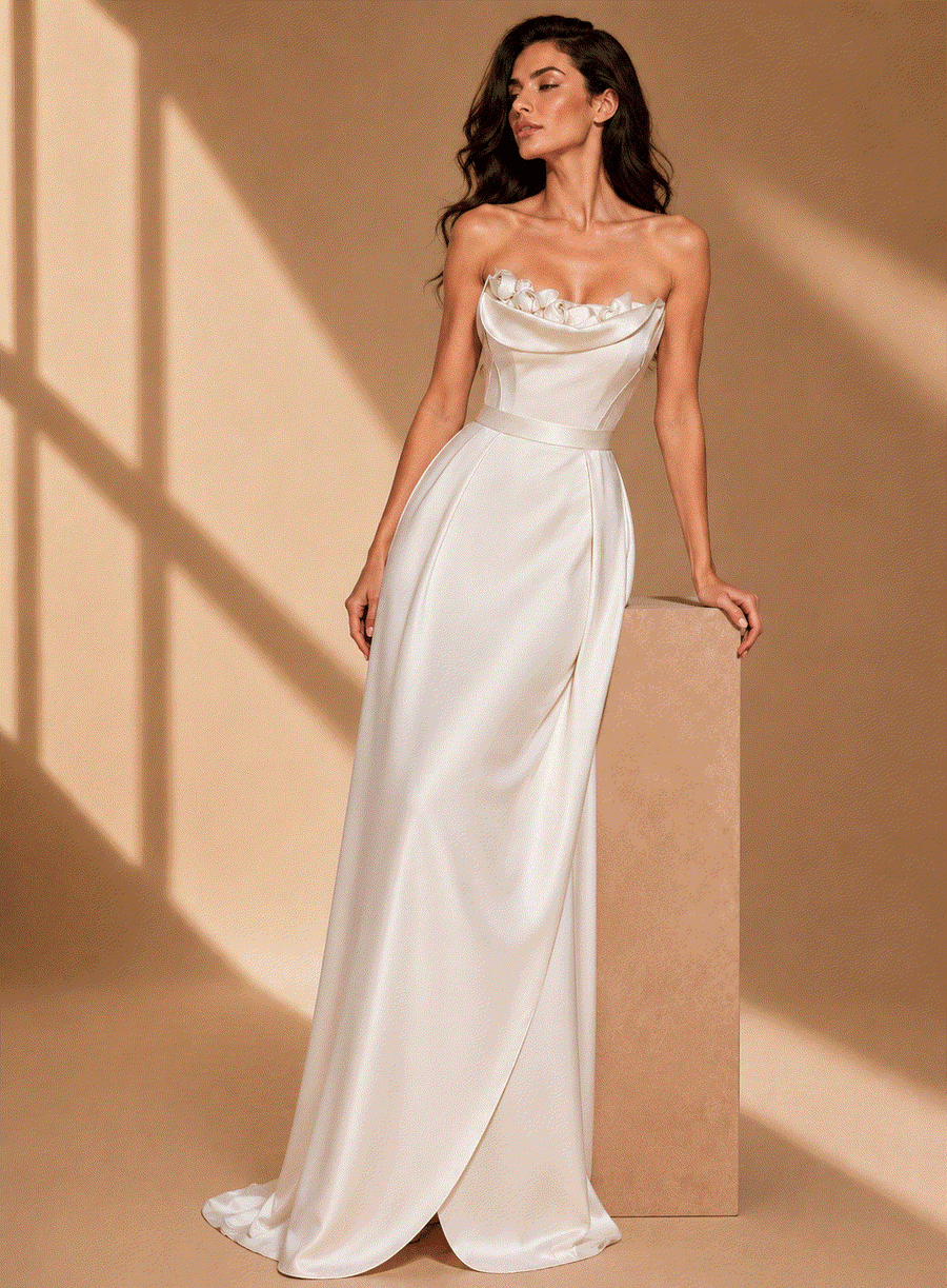 Ivory sculpted satin formal evening gown with draped neckline and fitted waist