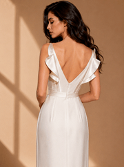 Ivory sculpted satin formal evening gown with draped neckline and fitted waist