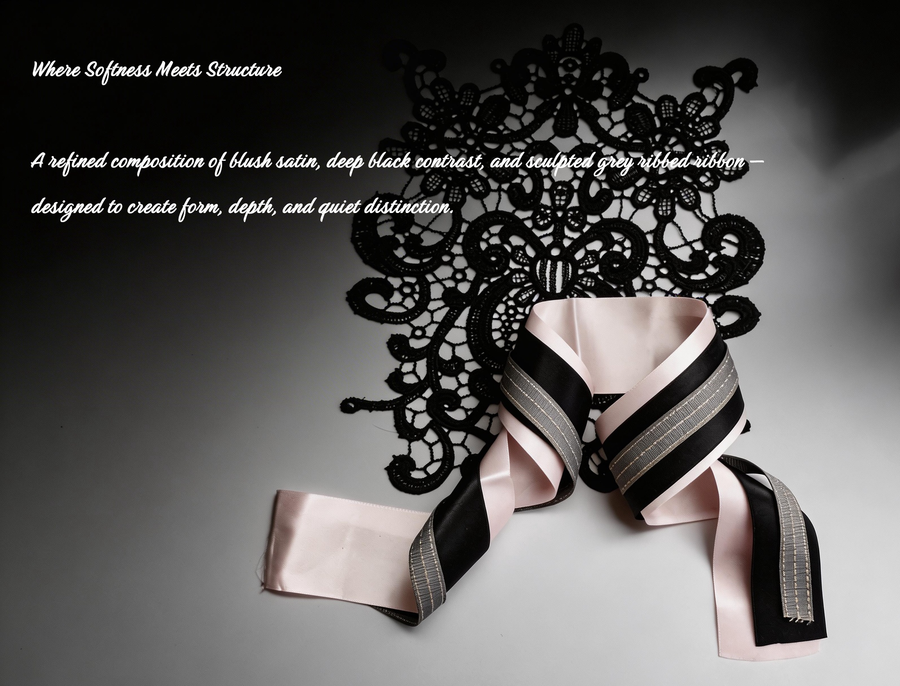 Blush Satin & Black Ribbon Set with Grey Ribbed Detail — Luxury Lace Bow Embellishment Kit