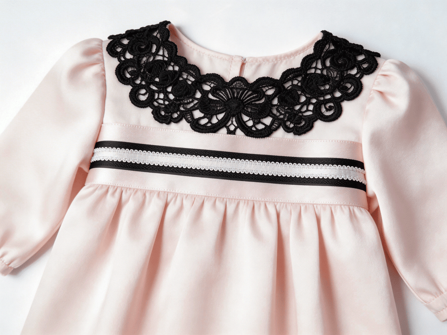 Vintage black lace, baby pink satin ribbon, black woven ribbon, and white vintage lace trim set for elegant weddings and gifts
