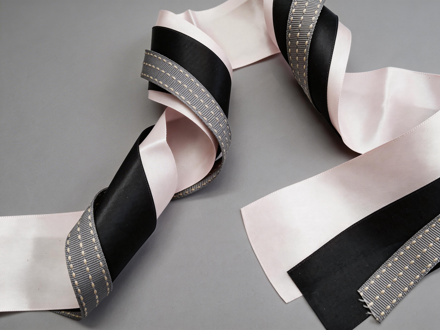Blush Satin & Black Ribbon Set with Grey Ribbed Detail — Luxury Lace Bow Embellishment Kit