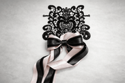 Blush structured lace set with black floral applique and layered satin ribbons for elegant styling