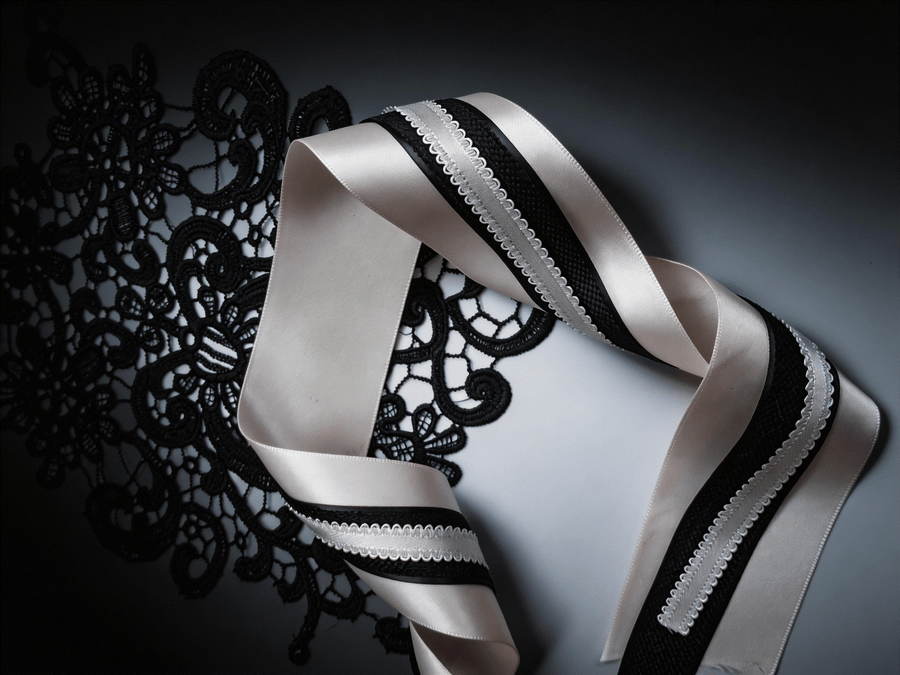 Vintage black lace and baby pink satin ribbon set with white vintage trim and black woven ribbon for elegant weddings and gifts