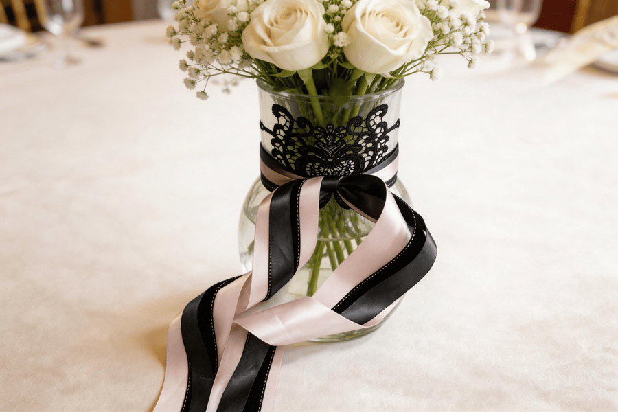 Blush structured lace set with black lace applique and layered ribbons for elegant wedding decor and styling