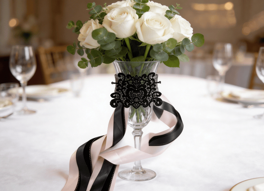 Blush structured lace set with black textured and grey layered ribbons featuring floral lace applique for wedding decor and styling