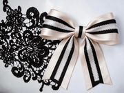 Vintage lace and satin ribbon set with black floral applique, baby pink satin, black woven ribbon, and white vintage lace trim for elegant weddings and gifts