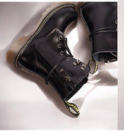 Kids Black Matte Leather Boots in smooth black leather, featuring lace-up fronts, side zips, pull tabs and chunky soles.