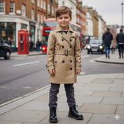 Kids Black Matte Leather Boots in black with lace-up fronts, rounded toes and thick dark soles, worn with a beige coat.