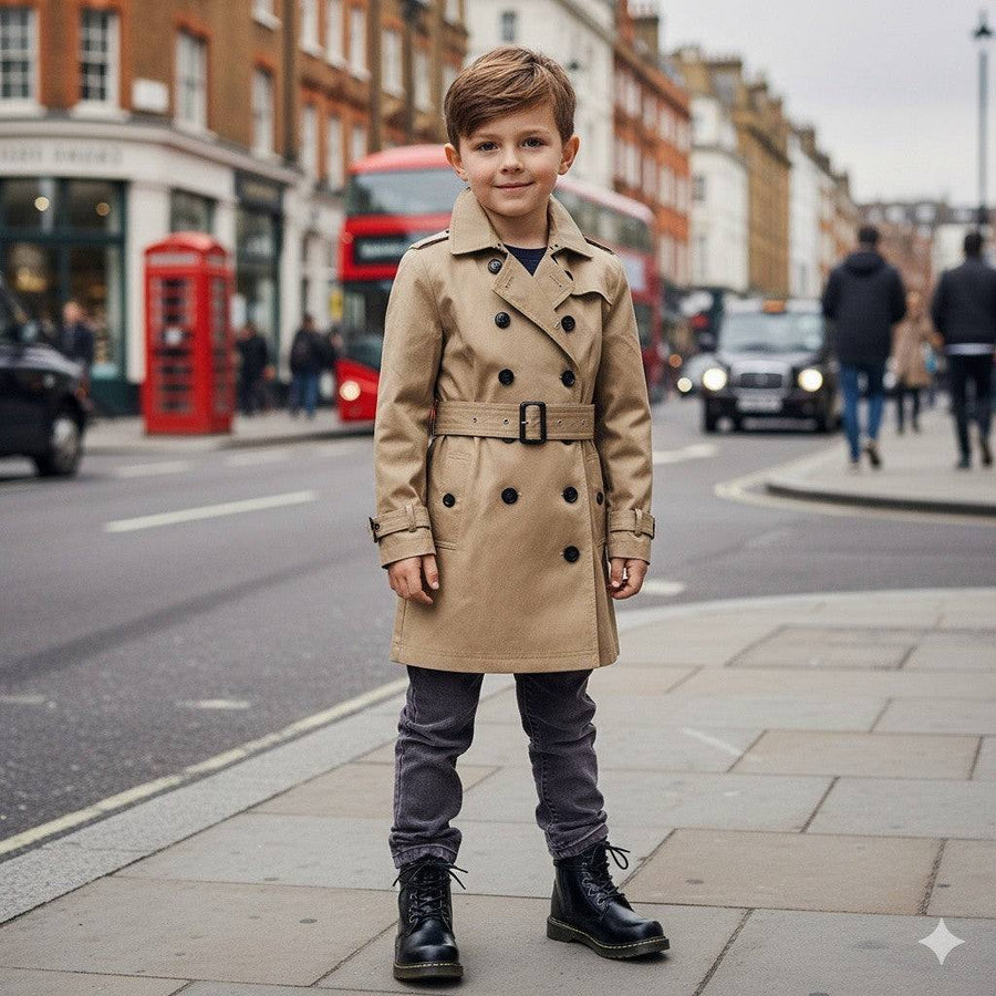 Kids Black Matte Leather Boots in black with lace-up fronts, rounded toes and thick dark soles, worn with a beige coat.