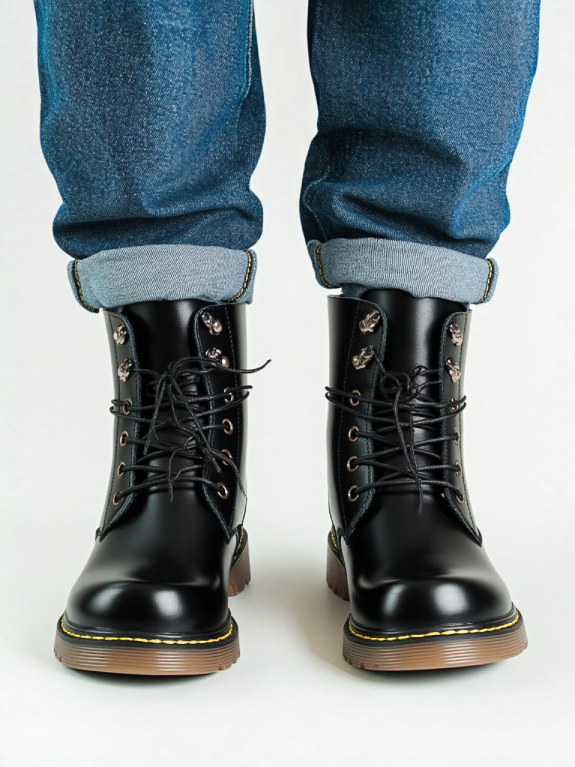 Kids Black Matte Leather Boots in smooth black leather, with lace-up fronts, metal eyelets and yellow stitching on tan soles.