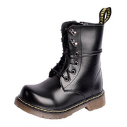Kids Black Matte Leather Boots in black leather with lace-up front, metal eyelets, yellow stitching and brown ridged sole.