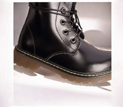 Kids Black Matte Leather Boots in black smooth leather, with lace-up eyelets, yellow welt stitching and ridged sole.