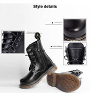 Kids Black Matte Leather Boots with glossy black uppers, lace-up fronts, side zippers and chunky brown lug soles, shown in pairs.