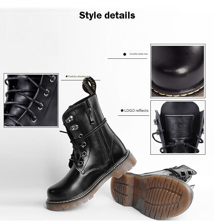 Kids Black Matte Leather Boots with glossy black uppers, lace-up fronts, side zippers and chunky brown lug soles, shown in pairs.