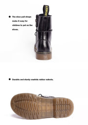 Kids Black Matte Leather Boots with black stitched uppers, pull tabs and thick brown lugged rubber soles.
