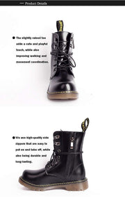 Kids Black Matte Leather Boots in glossy black with lace-up fronts, side zippers, yellow stitching and chunky soles.