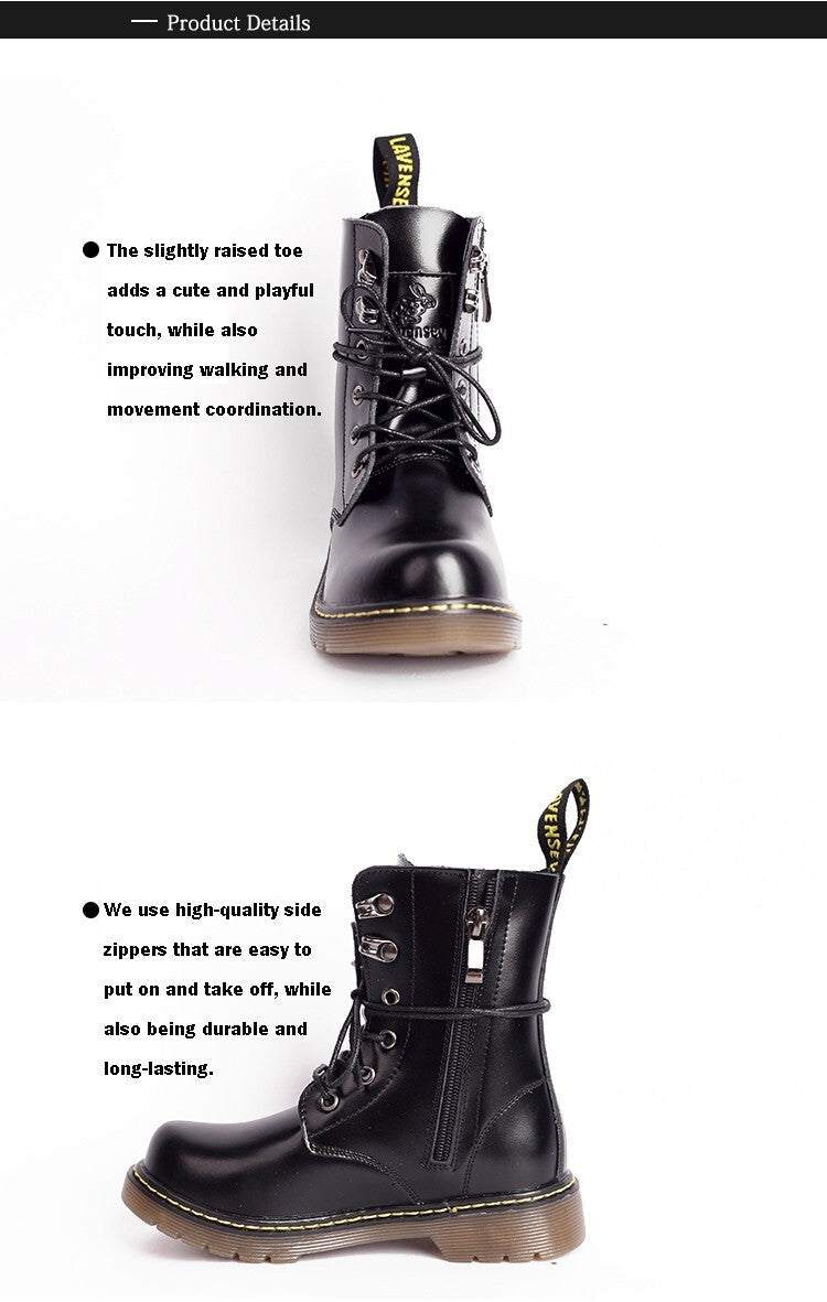 Kids Black Matte Leather Boots in glossy black with lace-up fronts, side zippers, yellow stitching and chunky soles.