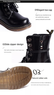 Kids Black Matte Leather Boots in smooth black leather, with rounded toe, metal lace eyelets, side zipper and tan rubber soles.