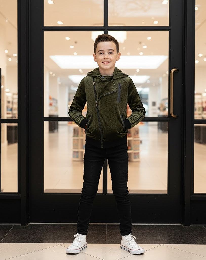 Kids' Velvet Blazer, despite the label, is an olive-green hooded zip jacket with black trousers and white trainers.