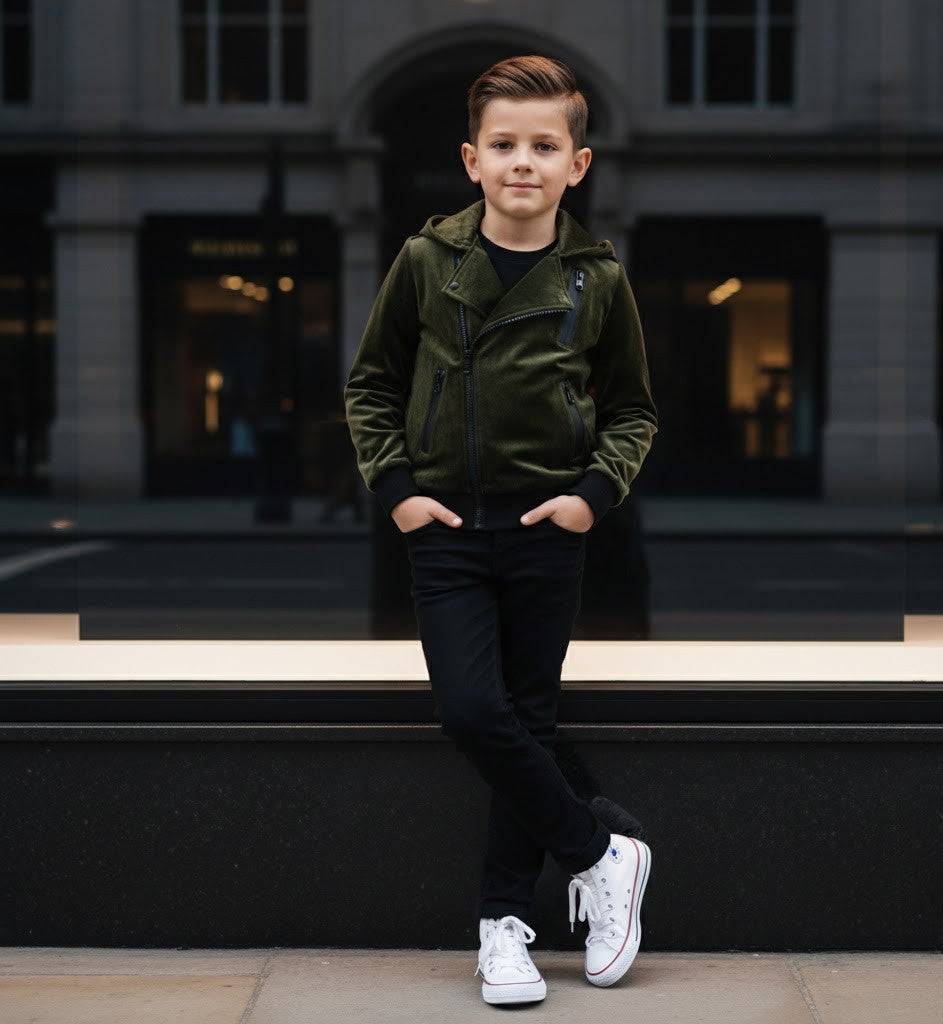 Kids' Velvet Blazer in dark olive green with a soft matte finish, featuring an asymmetrical zip, snap details and hooded collar.