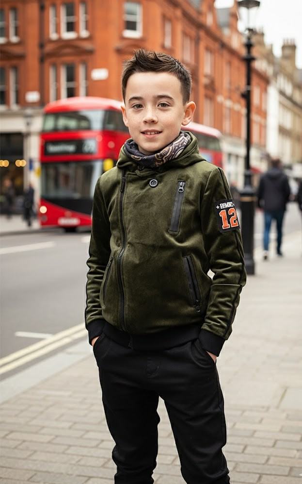 Kids' Velvet Blazer in dark olive green with a zip front, hood, chest pocket, and orange sleeve patch; not velvet.