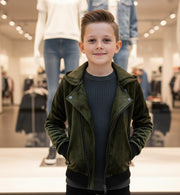 Kids' Velvet Blazer in dark olive green, with plush fabric, a hood, zip front, and ribbed cuffs and hem.