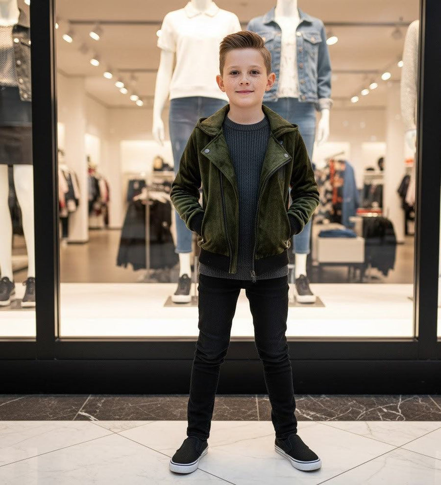 Kids' Velvet Blazer in dark olive green with a plush velvety finish, zip front, ribbed cuffs and hood
