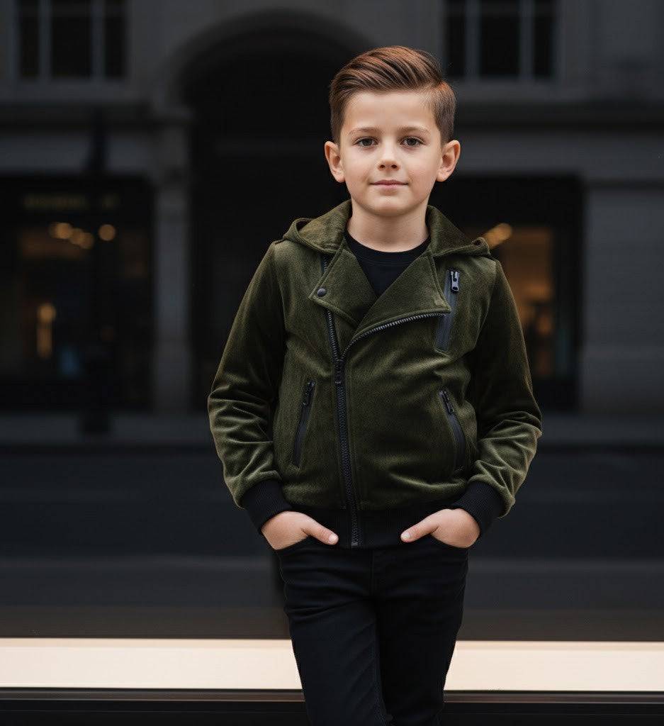 Kids' Velvet Blazer in dark olive green, with a soft velvety finish, hood, asymmetrical zip and zip pockets