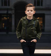 Kids' Velvet Blazer in dark olive green, with a soft velvety finish, hood, asymmetrical zip and zip pockets