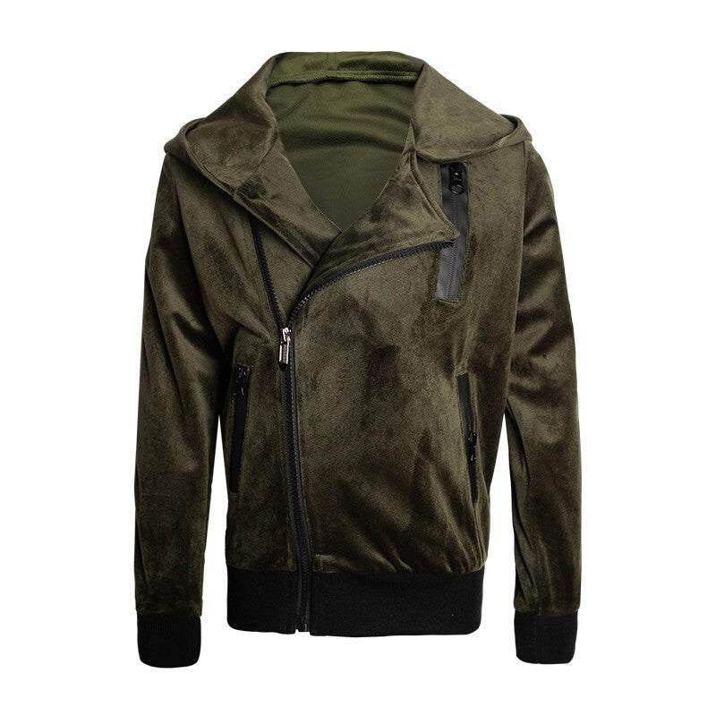 Kids' Velvet Blazer in dark olive green plush velvet, with a hood, asymmetrical zip front, and black ribbed cuffs and hem.