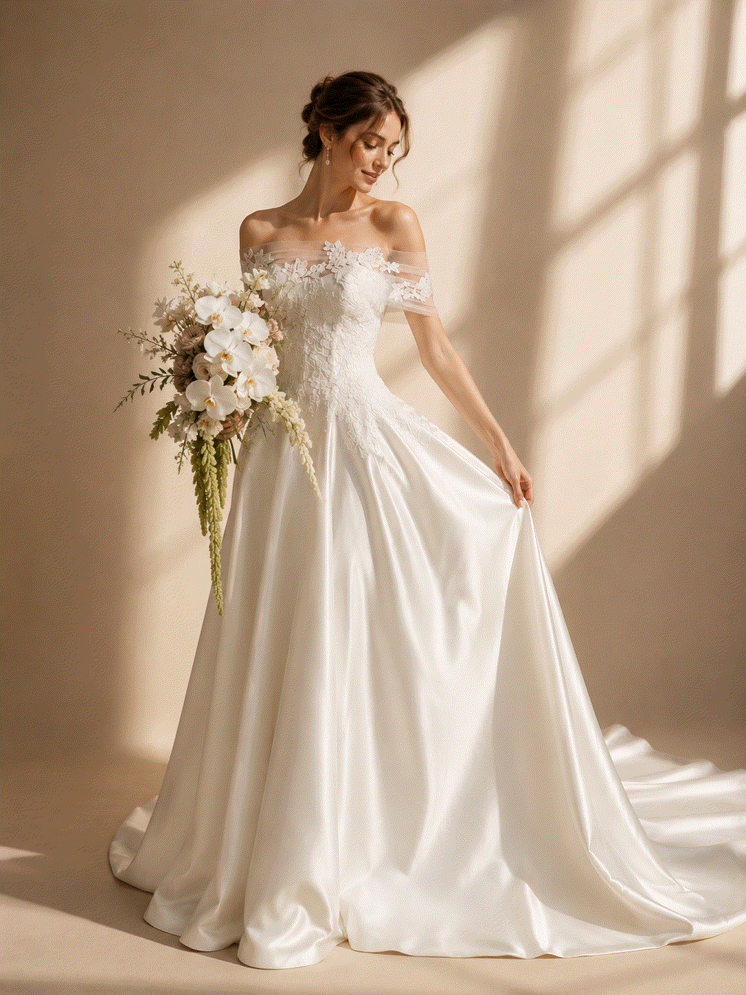 lace A-line wedding dress in ivory satin with a floral lace off-shoulder bodice and flowing train