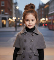 LAVANZEY Girls Cashmere Long Coat in charcoal grey wool, with a double-breasted front, cape sleeves and flap pockets.
