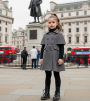LAVANZEY Girls Cashmere Long Coat in charcoal grey wool, with a cape-style collar, double-breasted buttons and flared silhouette.