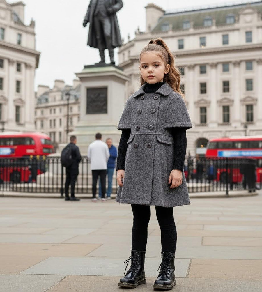LAVANZEY Girls Cashmere Long Coat in charcoal grey wool, with a cape-style collar, double-breasted buttons and flared silhouette.