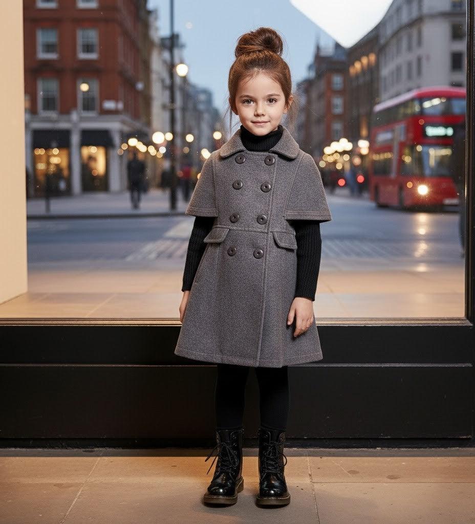 LAVANZEY Girls Cashmere Long Coat in charcoal grey wool blend, featuring a cape-style collar, double-breasted buttons and pockets.