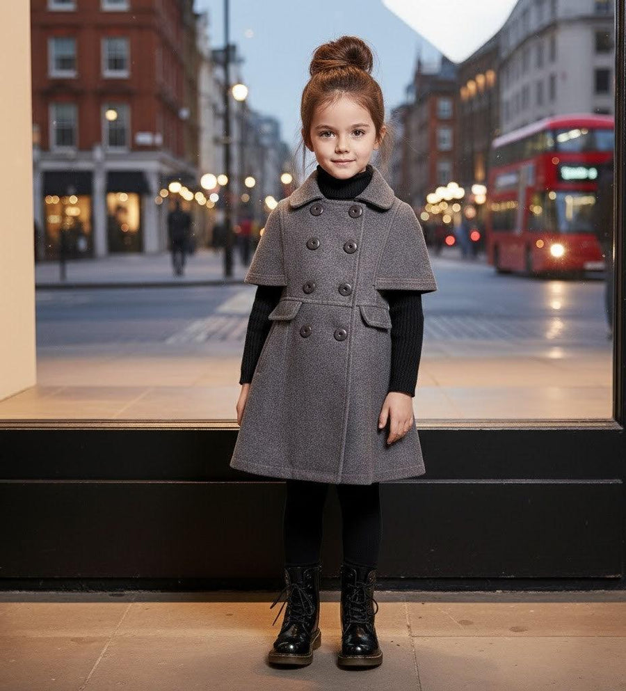 LAVANZEY Girls Cashmere Long Coat in charcoal grey wool blend, featuring a cape-style collar, double-breasted buttons and pockets.