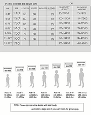 LAVANZEY Girls Cashmere Long Coat sizing chart with age ranges, garment measurements, suggested heights and weights, and child size silhouettes.