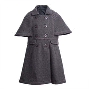LAVANZEY Girls Cashmere Long Coat in charcoal grey wool blend, with a flared cape silhouette and double-breasted buttons.